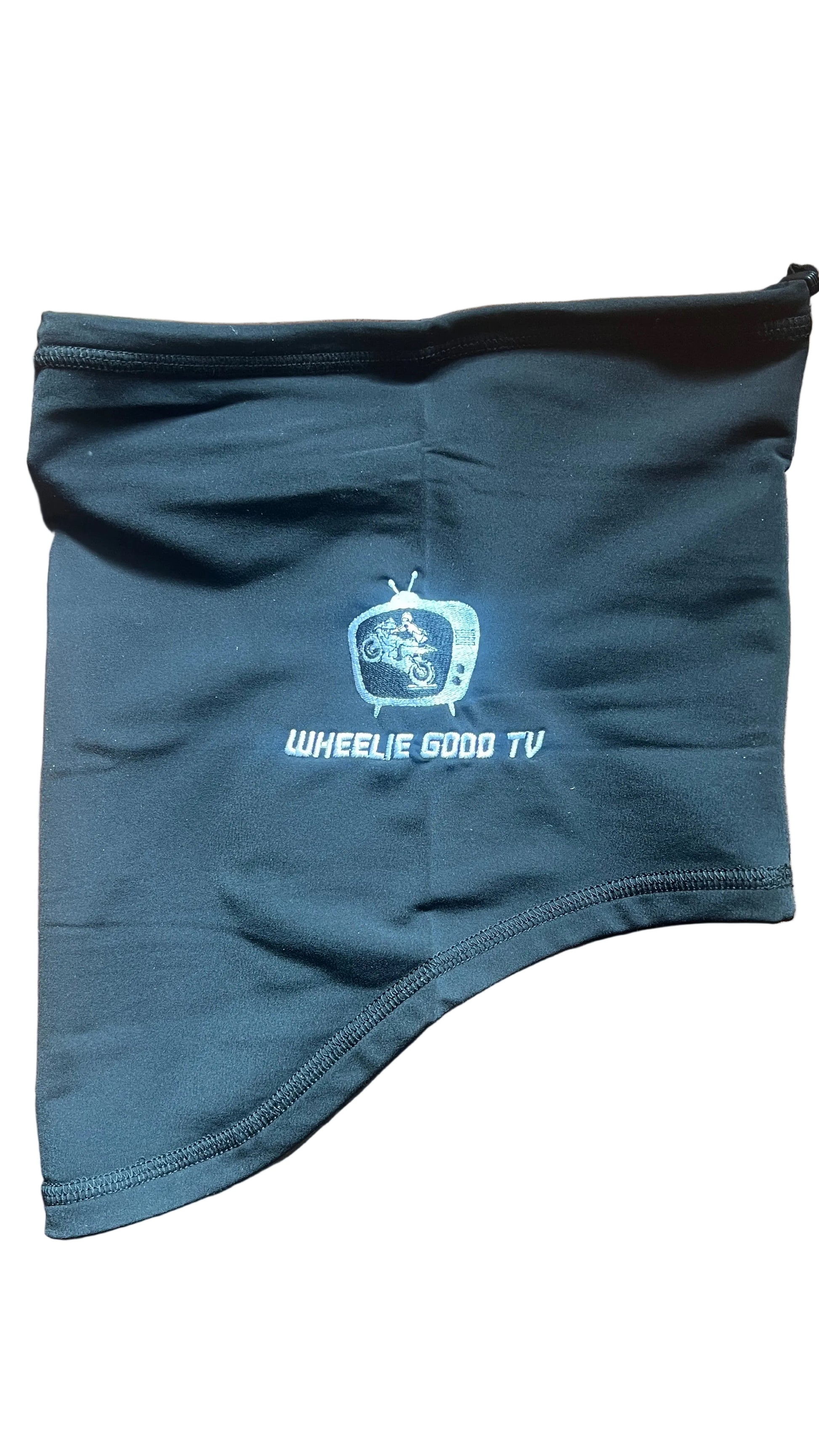 Black neck gaiter with 'Wheelie Good TV' logo on both sides.